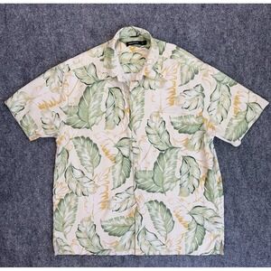 Nautica‎ Shirt Mens Large Silk Button Up Tropical Leaf Print Short Sleeve Top